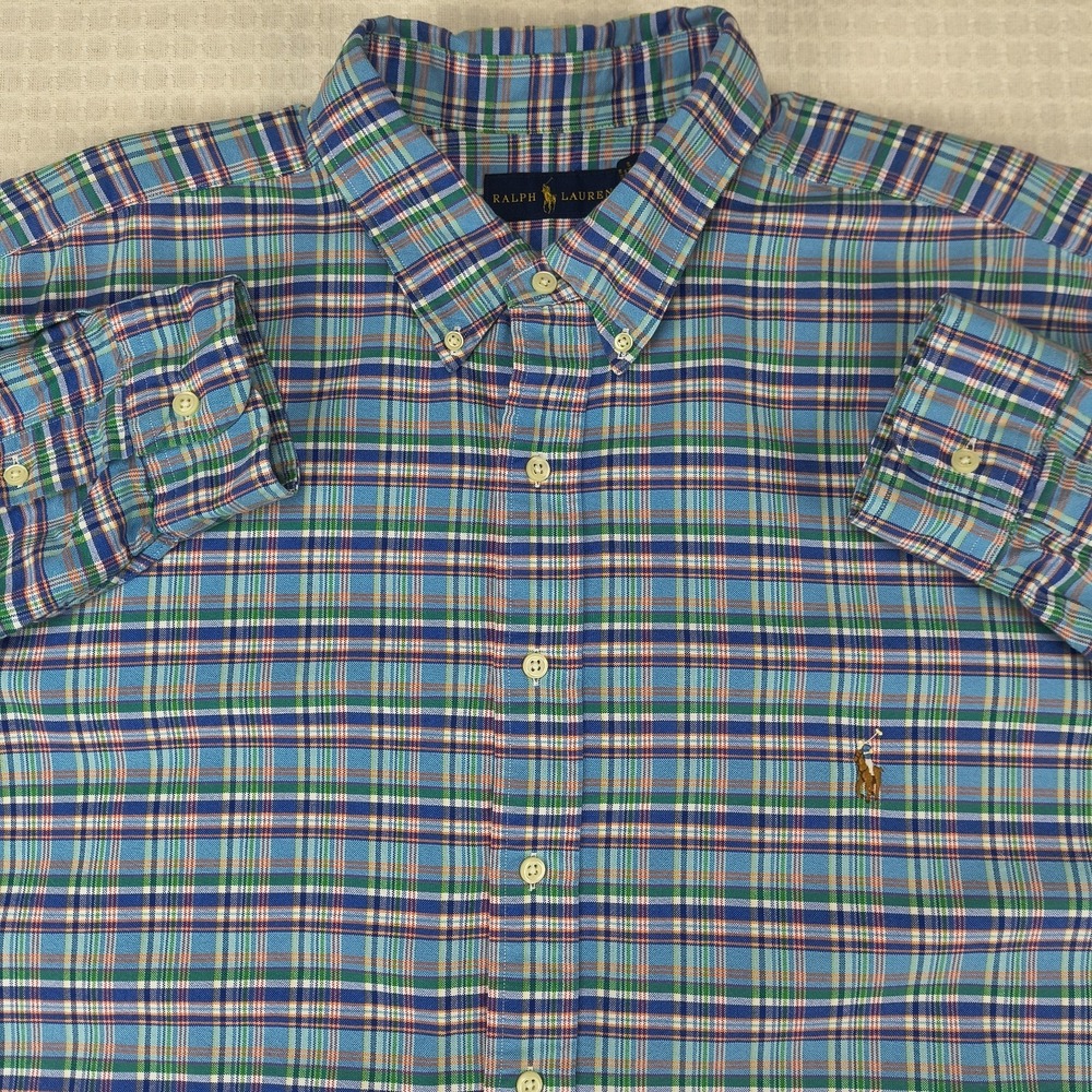 Ralph Lauren Mens 2XLT Plaid Button Down Shirt Blue Green Long Sleeve Tall